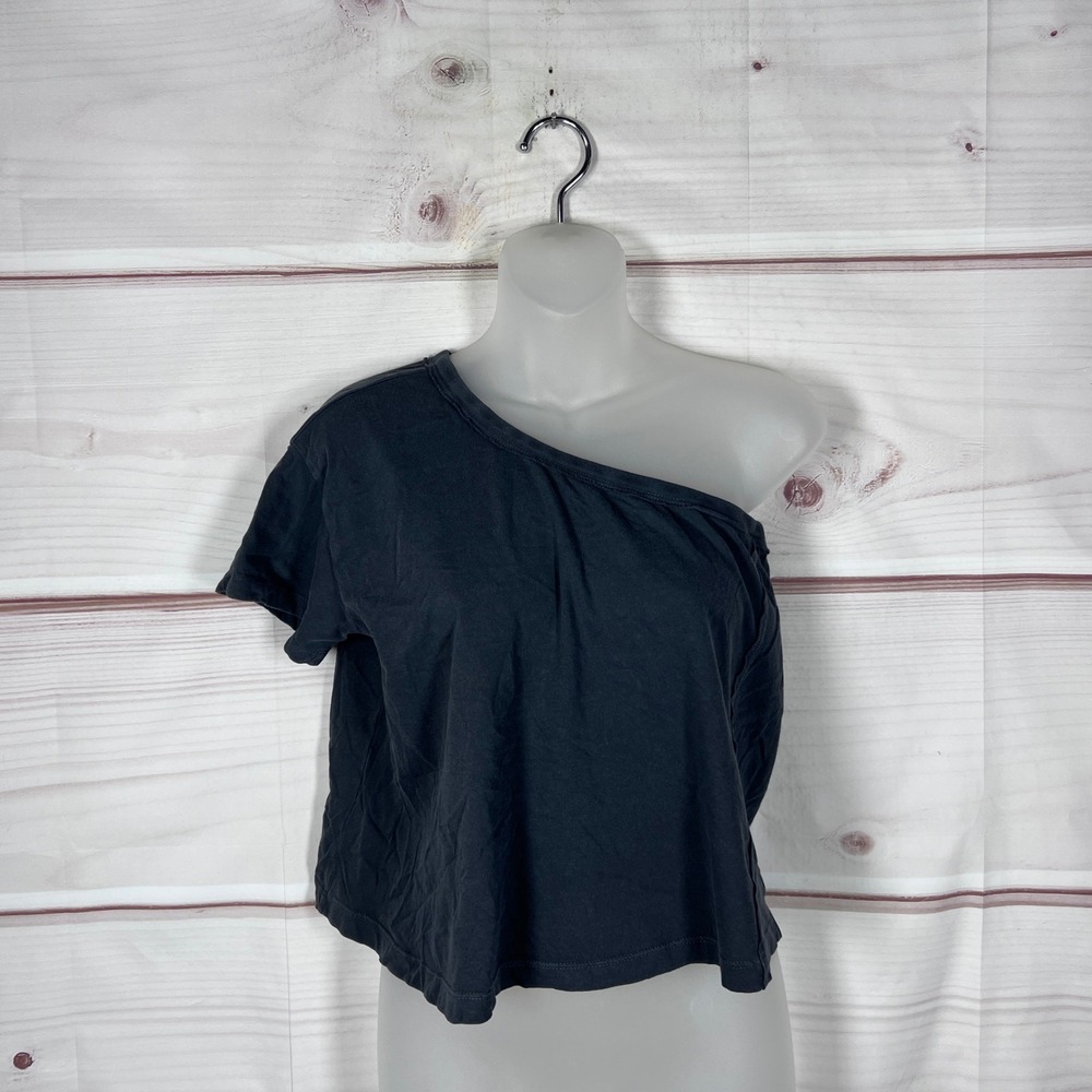 We The Free T-Shirt Womens XS Black One Shoulder Short Sleeve Cotton Top Cropped